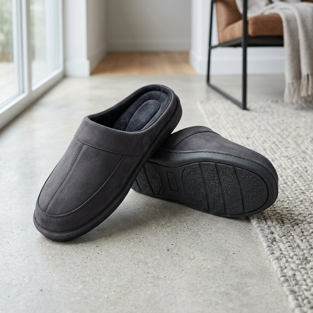 TIXMARIVA™ Mercer Men’s Microsuede Scuff Slippers – Memory-Cushioned Closed-Toe House Shoes, Indoor Outdoor Slip-On