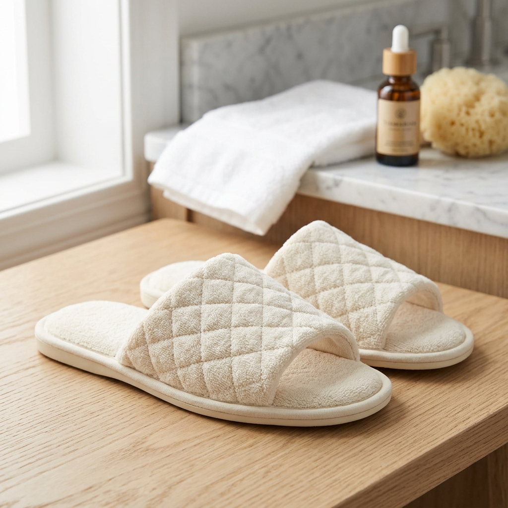 TIXMARIVA™ Serein Women’s Quilted Terry Slide Slippers – Lightweight Open-Toe Spa House Shoes, Cushioned Indoor Slides